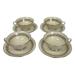 Vintage Lenox Springdale Tea Cups Saucers SET OF 4 Beige Floral Platinum Trim